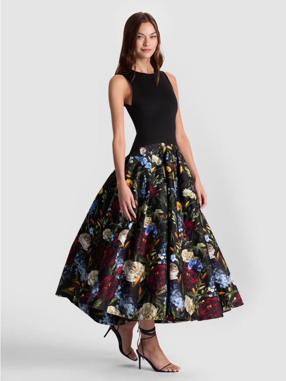 NWT Alice & Olivia Adley Drop Waist Black Floral Maxi Dress Gown Pockets size 14